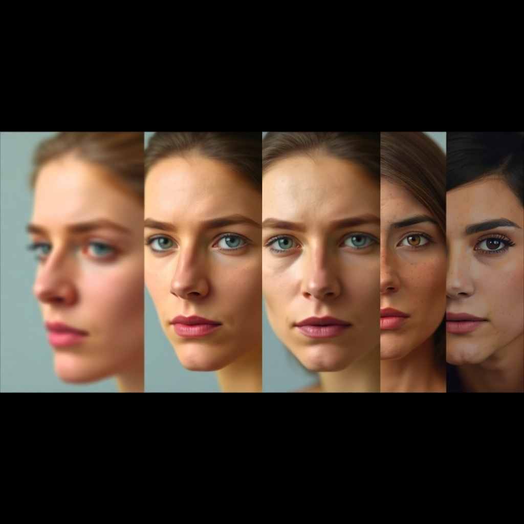 A photorealistic image showing a generative model creating new images from a dataset of faces. Show a progression, starting with a blurry, undefined face gradually becoming more distinct and realistic. Include various faces to show diverse outputs from the same model. The style should be informative, emphasizing the process of generation.