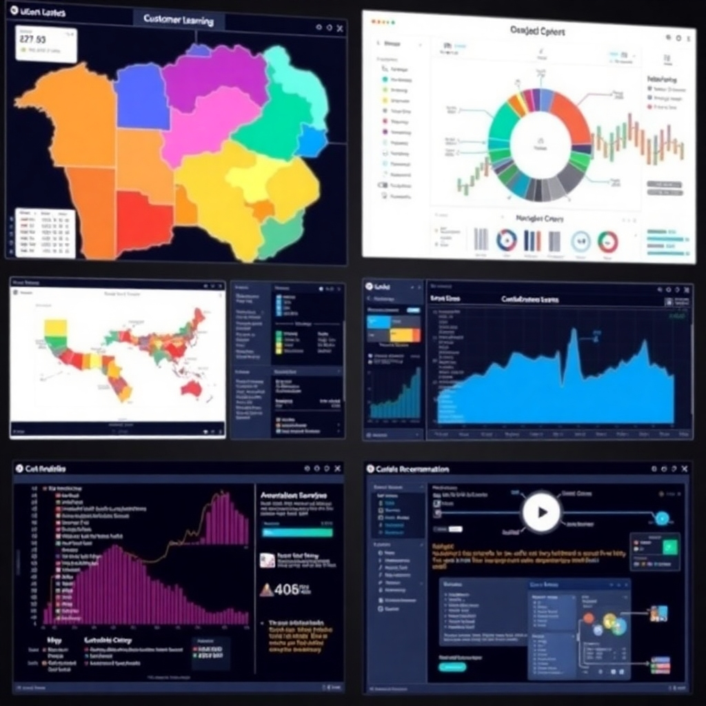 A photorealistic image showing several diverse applications of unsupervised learning. One part could display a map with different colored regions representing customer segments. Another could depict a dashboard highlighting anomalous events in a system. A third section might show a personalized recommendation system suggesting products or content to users, all seamlessly integrated within a modern digital interface. The style should emphasize practicality and the real-world impact of these algorithms.