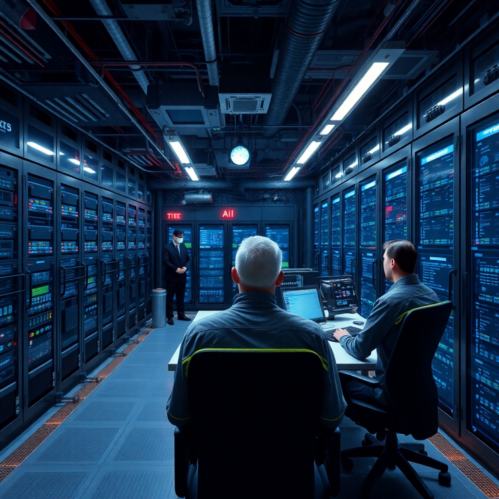 A photorealistic image showing a highly secure server room, where powerful AI systems are monitored by expert cybersecurity professionals.  The room is filled with complex equipment, but there's a focus on visual elements emphasizing safety and security measures, such as sophisticated monitoring systems, fire suppression, and physical barriers. The image should also subtly convey a human element — people actively working to ensure AI safety.  The overall tone should be reassuring but also highlight the seriousness of potential risks.