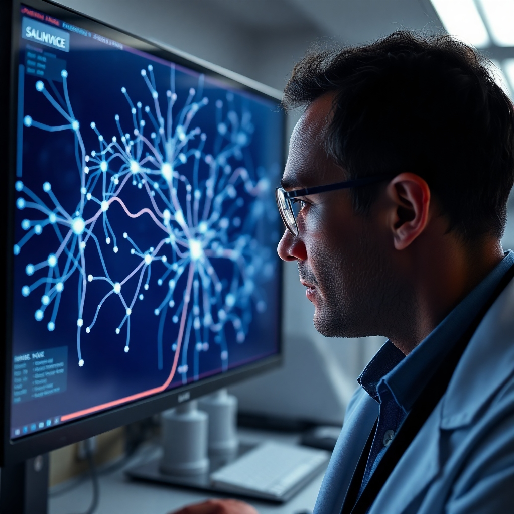 A photorealistic image showing a scientist peering into a complex network of neural connections visualized on a large monitor in a brightly lit laboratory setting.  Focus should be on the intricate detail of the visualized network, with data points and connections rendered realistically.  The background should be slightly blurred, keeping focus on the screen's detailed representation of the neural network.