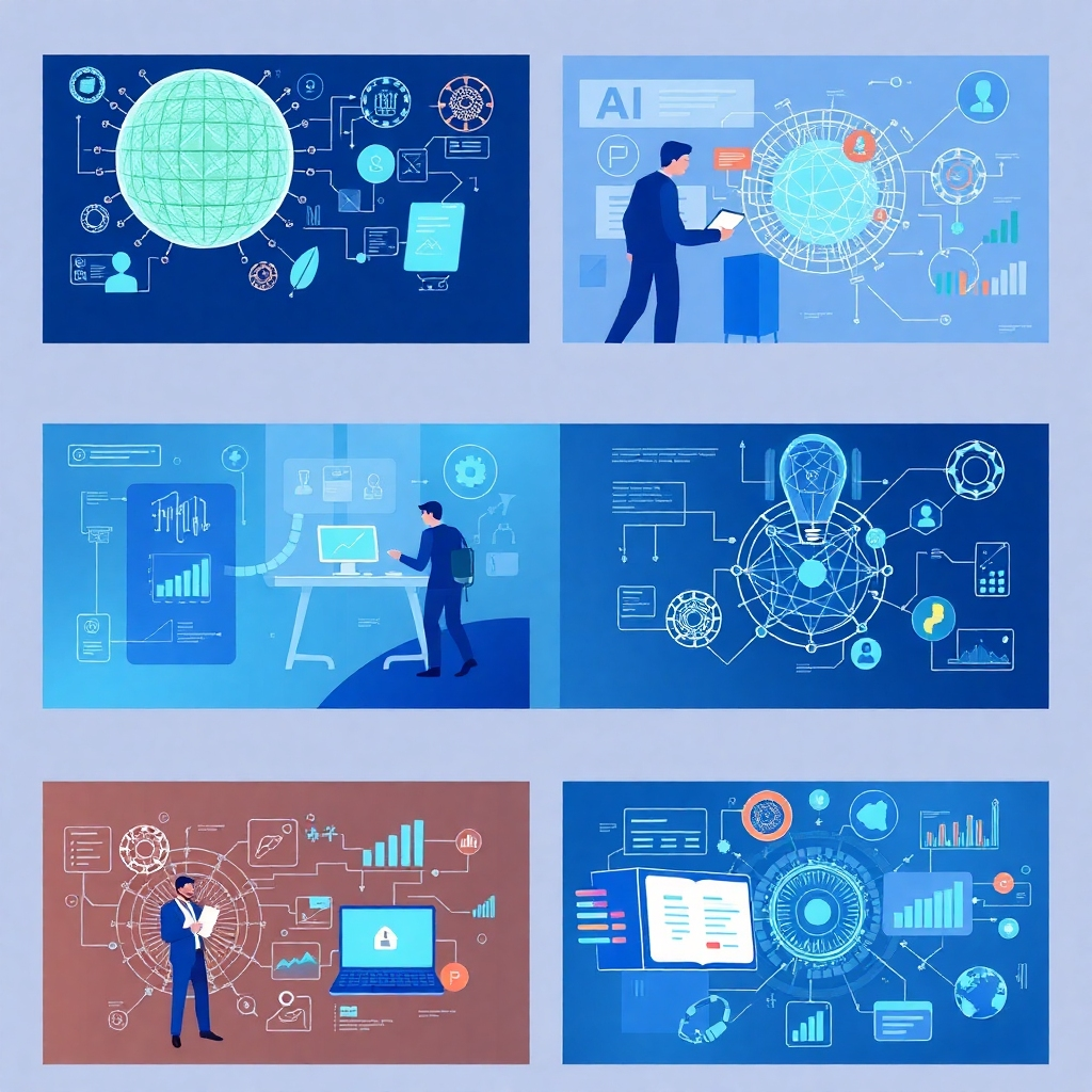 A series of panels depicting industry-specific use cases of generative AI.  Each panel should represent a different industry (e.g., healthcare, finance, manufacturing) and feature a realistic depiction of generative AI in action.  Emphasize visual elements to clearly illustrate the impact of AI within each context.