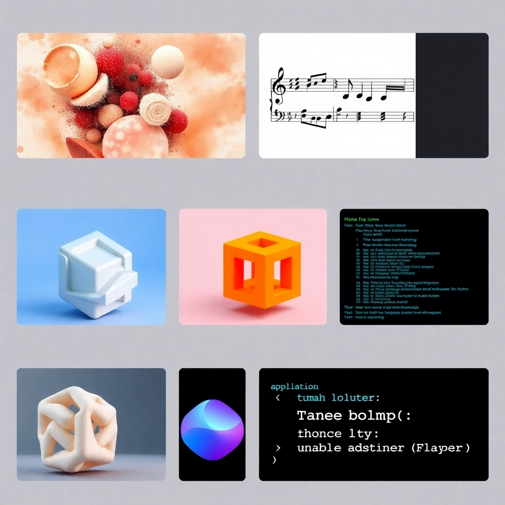 A series of thumbnails showcasing various applications of generative AI, such as an AI-generated painting, a piece of music notation, a 3D-rendered object, and a line of code. Each thumbnail should be visually distinct and highlight the diversity of generative AI's applications. The style should be modern and sleek.