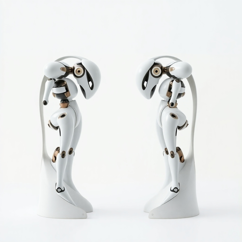 A sleek, minimalist depiction of GPT-3.5 and GPT-4, represented as elegant, polished sculptures.  The background should be a clean, white space, emphasizing their refined nature. The sculptures should subtly hint at their increased reasoning abilities, perhaps incorporating elements suggesting problem-solving or logical pathways. Use a muted color palette of greys, whites, and metallic accents to convey sophistication and precision.