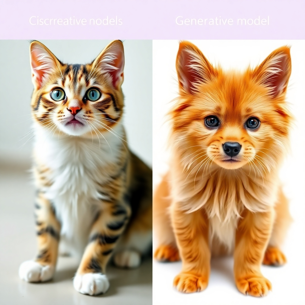 A split-screen image.  One side shows a discriminative model correctly classifying images of cats and dogs. The other side showcases a generative model creating new, realistic-looking cat and dog images from scratch. Both images should be visually appealing and clearly illustrate the distinct capabilities of each model type.
