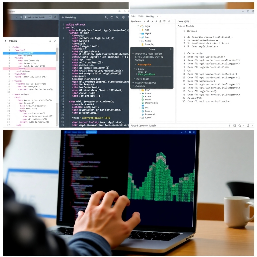A split-screen image showing a user working on code in Python or R (one side) alongside a visual representation of the results (the other side). The code should show the implementation of a popular unsupervised learning algorithm, and the visualization should show the algorithm's output. The style should blend a clean code representation with a visually engaging output, demonstrating the practical application of the concepts.