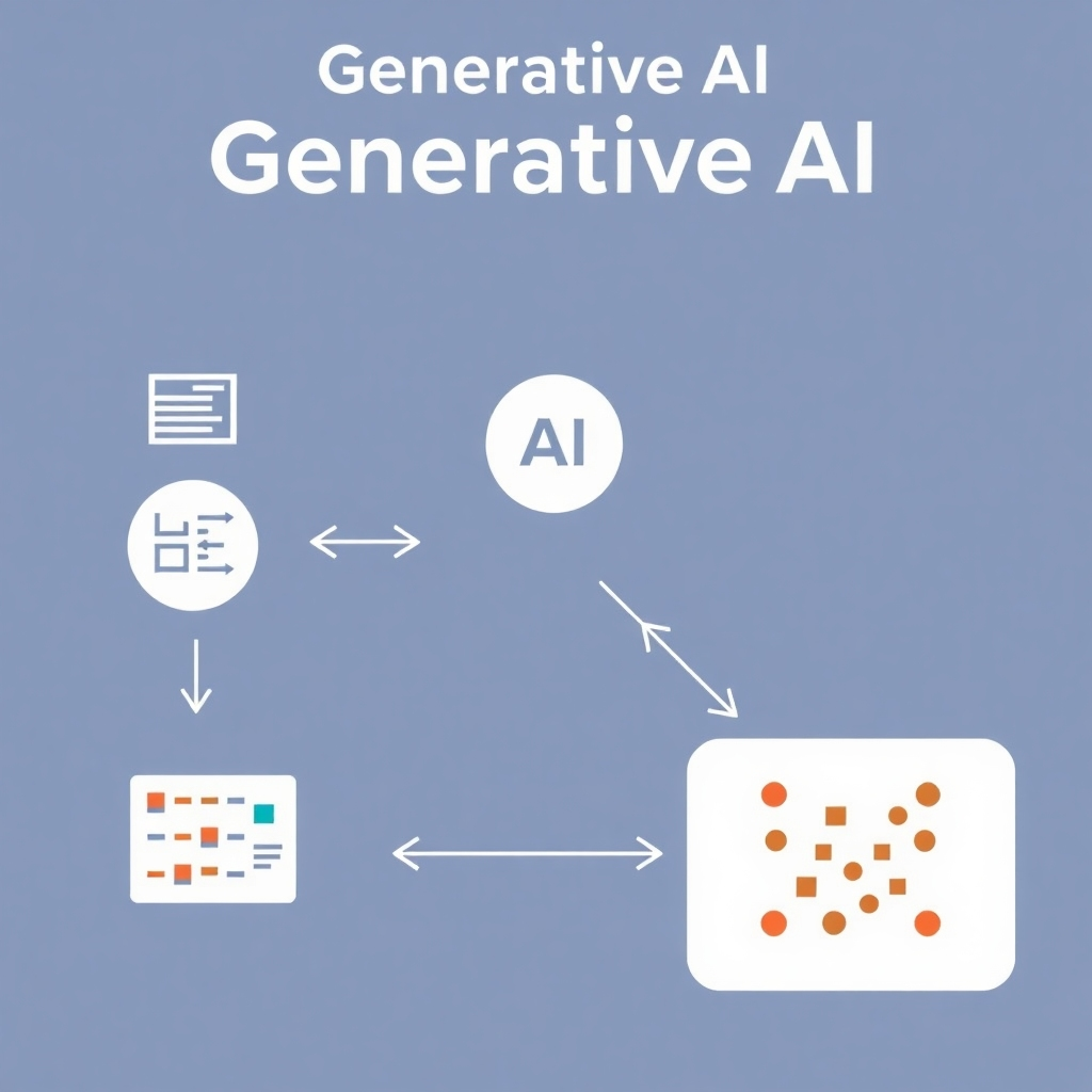 A stylized diagram explaining the concept of Generative AI. Use simple shapes and colors to represent inputs, processes, and outputs. The diagram could show data being fed into an AI model, which then generates new data based on patterns and structures it has learned. The overall style should be clean, informative, and visually appealing.