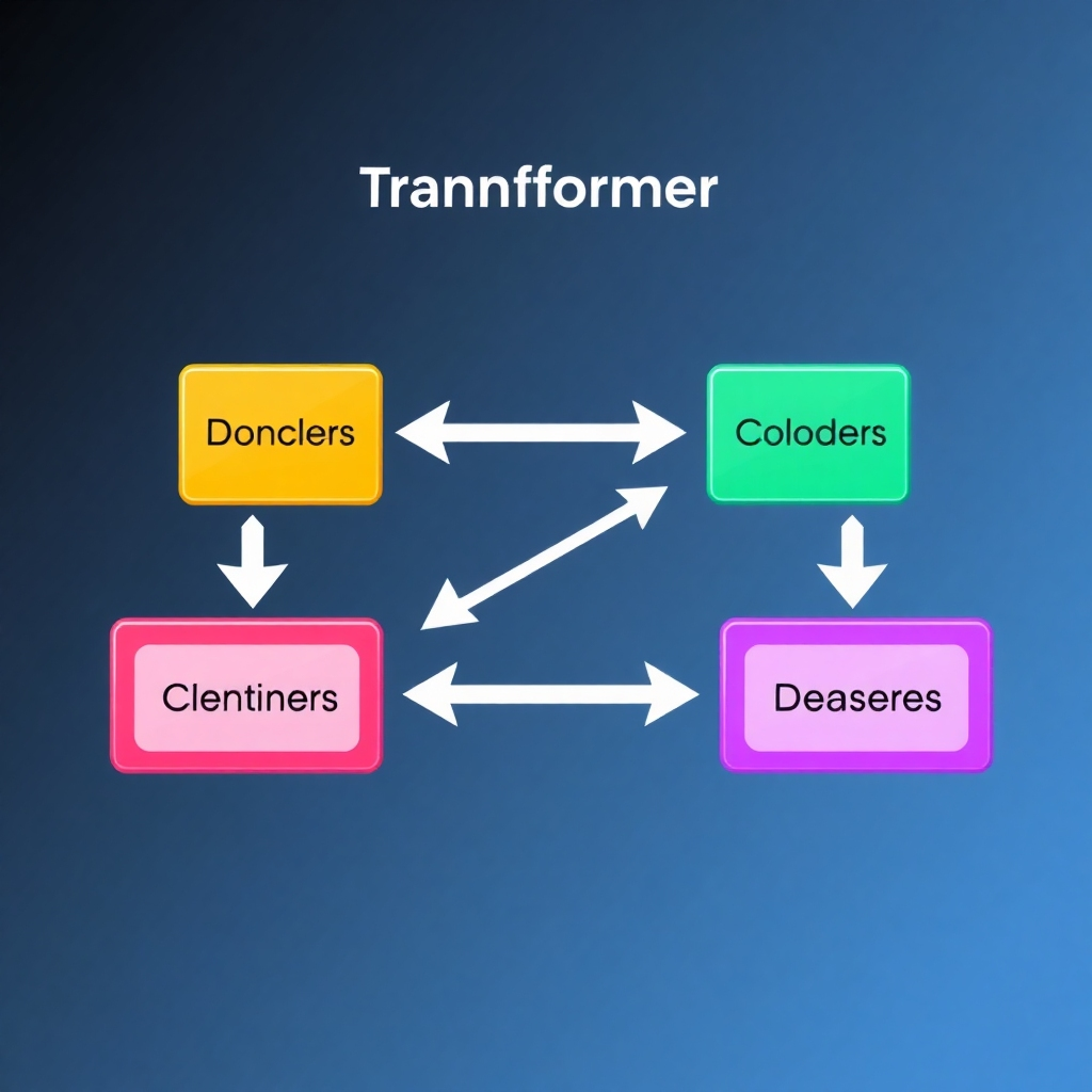 A stylized illustration of a transformer architecture, with colorful blocks representing different components like encoders and decoders. Arrows should clearly indicate the flow of information, highlighting the parallel processing aspect. The style could be vibrant and geometric, perhaps using a combination of 2D and 3D elements to represent data movement. The background should be a contrasting gradient, providing visual depth.