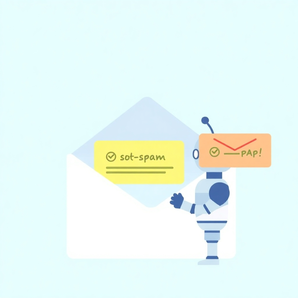 A stylized illustration of an email inbox with a machine learning model analyzing emails.  The model could be represented as a friendly robot character, highlighting its non-threatening nature. Emails correctly classified as spam or not-spam are highlighted using distinct colors. The visual should convey the ease and effectiveness of the prediction process.