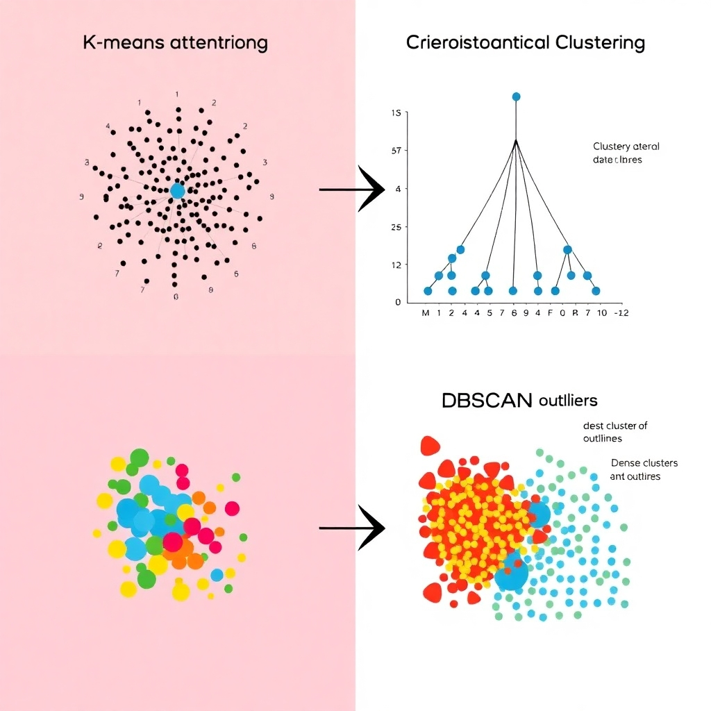 A stylized illustration of various clustering algorithms in action.  K-means could be shown as centroids attracting data points, forming distinct clusters.  Hierarchical clustering could be represented as a dendrogram showing the hierarchical relationships between clusters.  DBSCAN could be depicted as identifying dense clusters and outliers in a dataset, perhaps using different colors to distinguish them.  The style should be clean and illustrative, with clear labels and annotations to explain the processes.