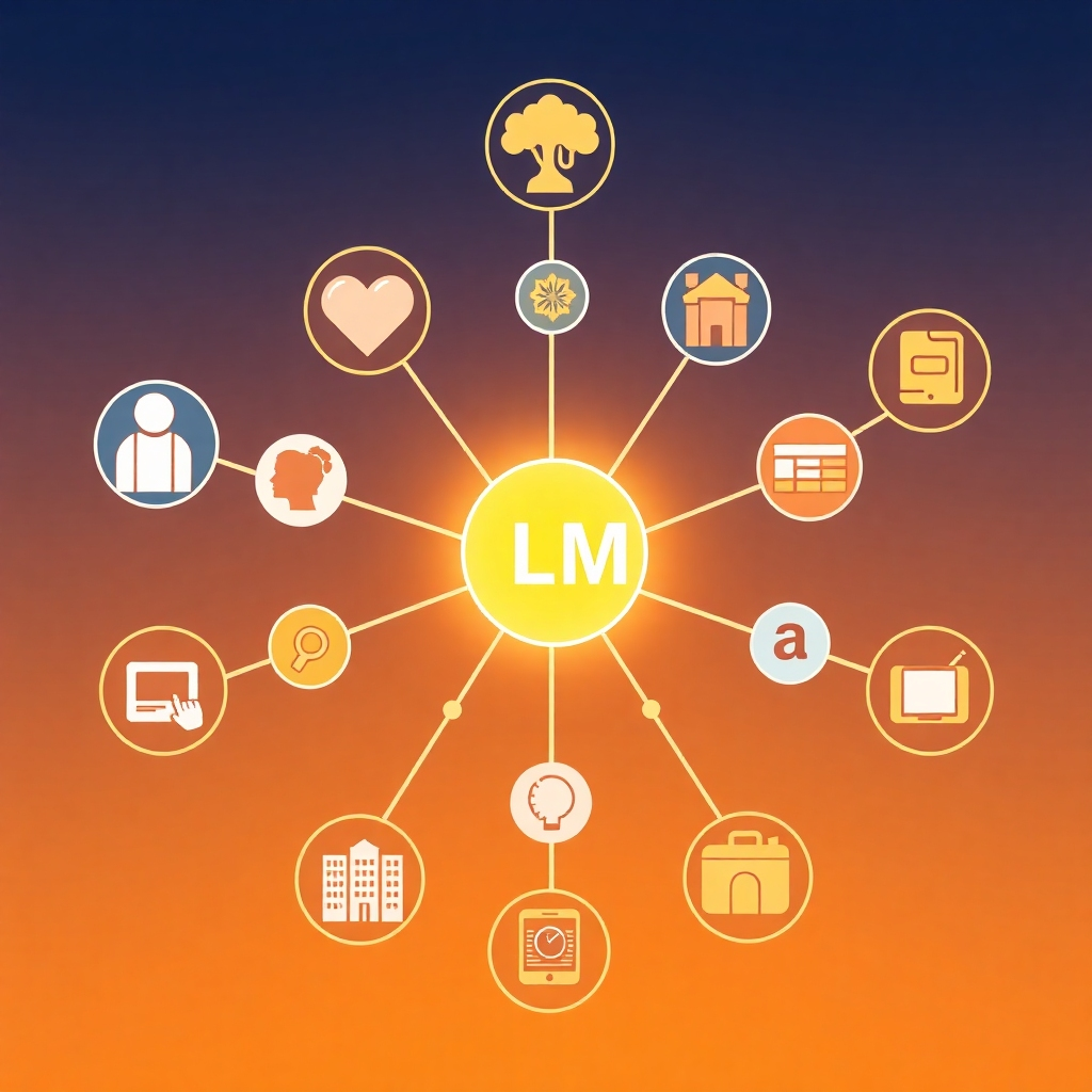 A stylized illustration representing the wide range of applications of LLMs through interconnected icons representing diverse fields like medicine, education, and entertainment, all interconnected through a central node representing a large language model. The central node should be brightly lit, while the icons surrounding it should have a softer glow, illustrating their reliance on the LLM technology.