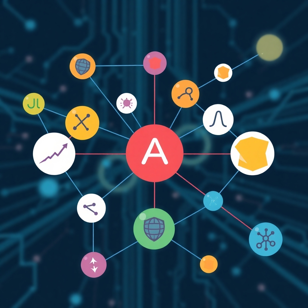 A stylized illustration showcasing diverse algorithms as interconnected nodes within a network. Each node could be represented by a unique shape and color, symbolizing different algorithms like linear regression (a straight line), logistic regression (an S-curve), or decision trees (a branching structure).  The network could visually represent how different algorithms could be combined or chained for enhanced results. The background could utilize a futuristic, tech-inspired aesthetic.