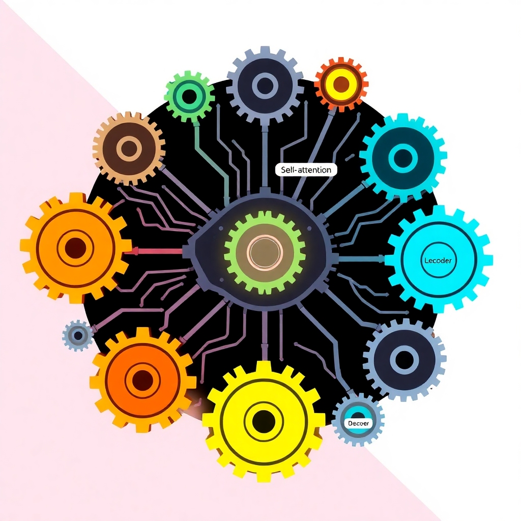 A stylized illustration showing a large transformer model depicted as a complex network of interconnected gears and cogs. The gears are glowing with different colors, signifying the different processes occurring within the model. Each cog should be labeled with a key component of the transformer architecture, such as self-attention, encoder, and decoder. The overall style should be clean and modern, reflecting the elegance and power of the technology.
