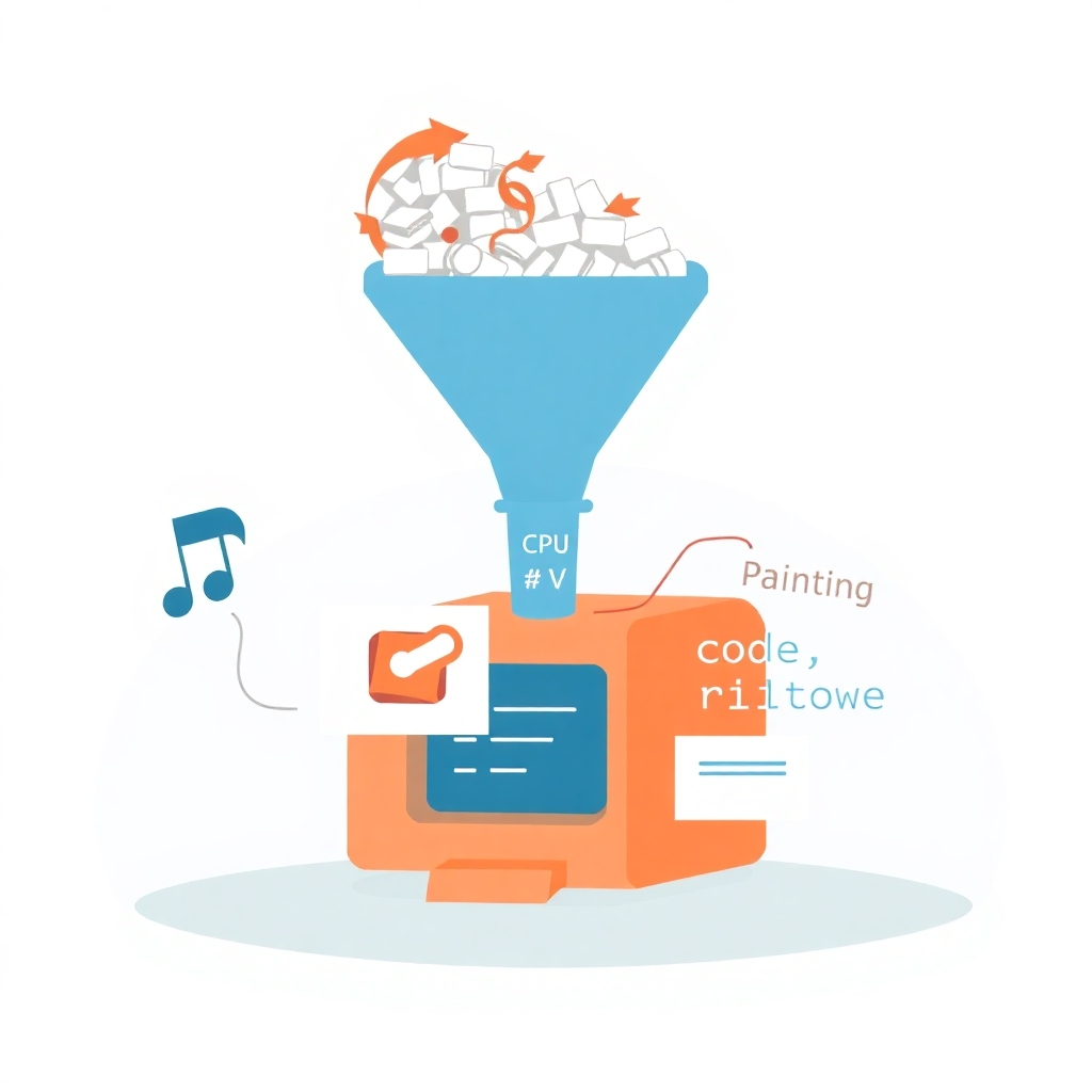 A stylized illustration showing a large funnel pouring data into a central processing unit (CPU) that resembles a stylized brain. From the CPU, various creative outputs emerge – a musical note, a painting, a line of code, and a piece of text. The style should be clean and modern, emphasizing the transformation of raw data into creative outputs.