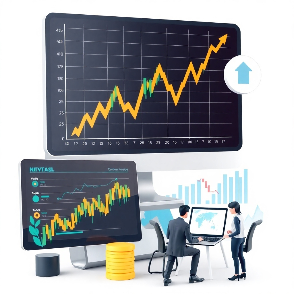 A stylized image combining financial charts with images representing software development. The combination should represent the concept of financial success through software development. Technical specifications: 4K resolution, stylized rendering