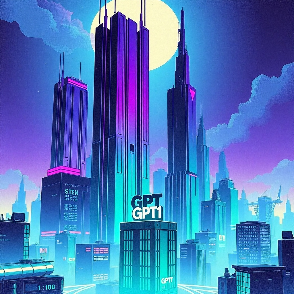A stylized image depicting a futuristic cityscape with towering structures representing different GPT models, with GPT-1 as a small, foundational building block at the base. The overall style should be a mix of cyberpunk and technological advancement, highlighting the innovative nature of the model.  The color palette should consist of deep blues, purples, and greens, conveying a sense of mystery and progress.  Use a slightly grainy texture to add a vintage feel, hinting at its foundational role.
