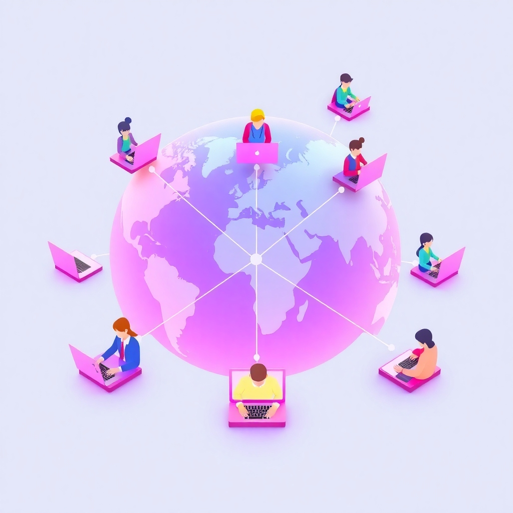 A stylized image depicting a global network, linking various people working on laptops around the world. Use a vibrant color palette representing unity and connectivity. Technical specifications: 4K resolution, stylized rendering.