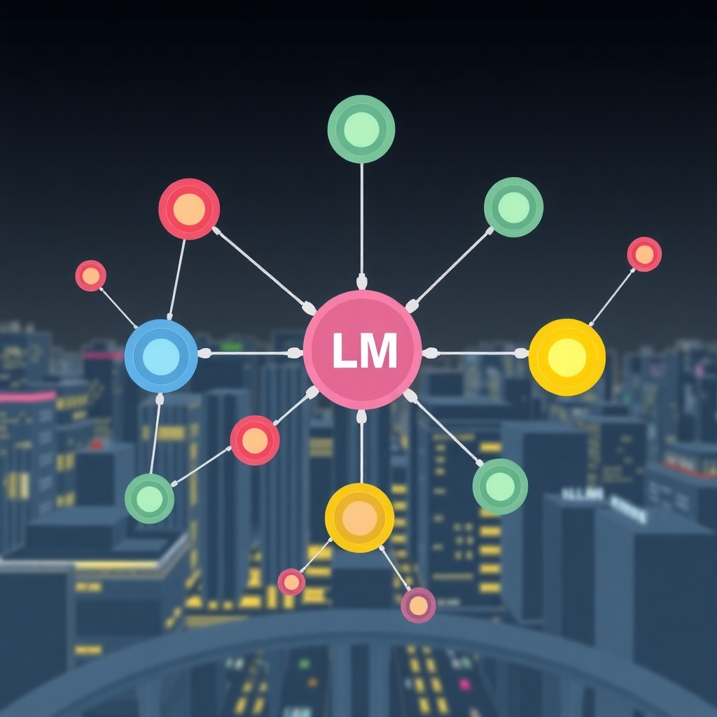 A stylized image depicting a network of interconnected nodes representing LLMs, with each node showing a different level of transparency and accountability.  The nodes could be different colors to indicate varying degrees of responsibility, ranging from fully transparent and accountable (bright, clear colors) to opaque and unaccountable (dark, muted colors).  The background could be a futuristic cityscape, symbolizing the impact of LLMs on society.  The overall style should be clean and modern, with a focus on conveying a sense of both complexity and responsibility.