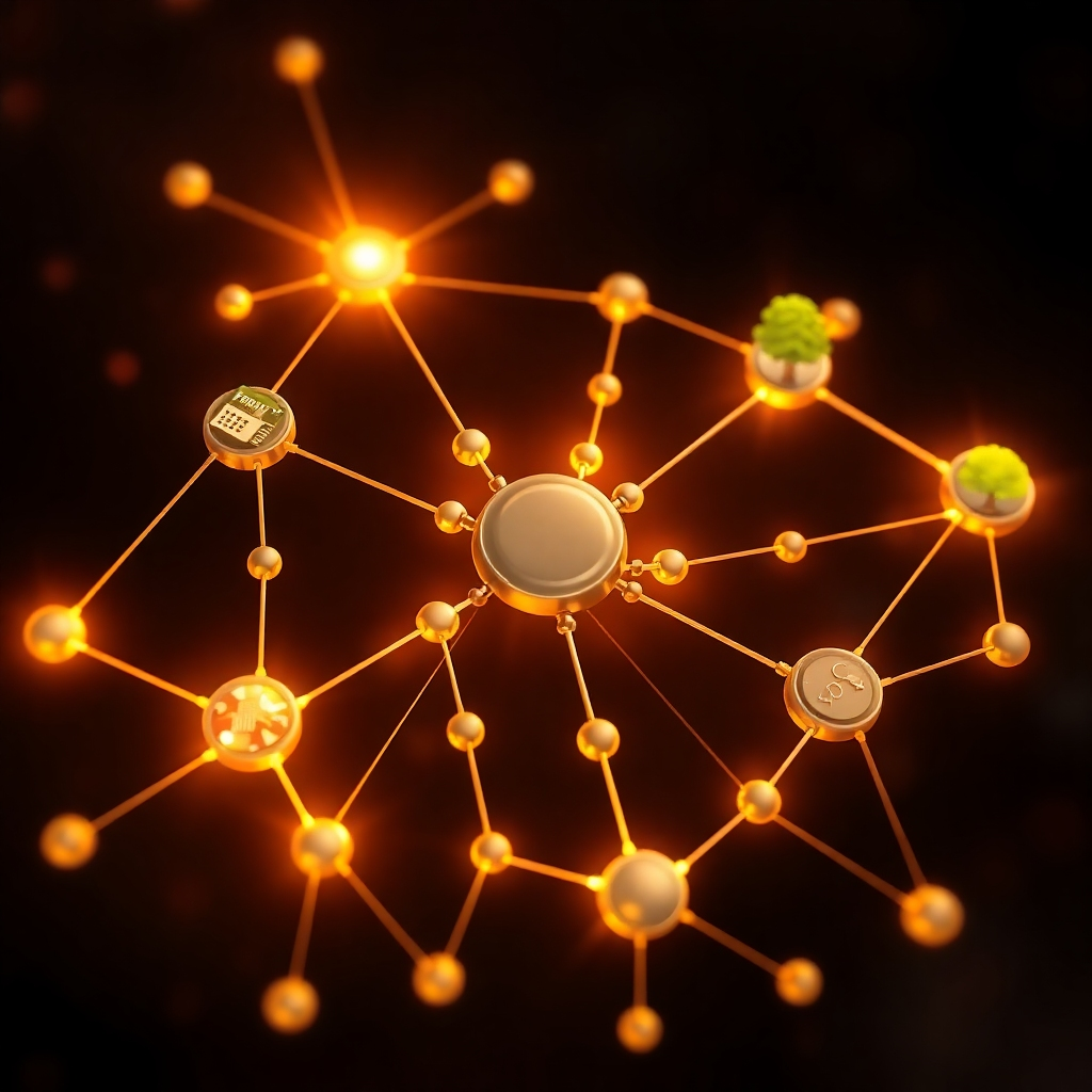 A stylized image depicting a network of interconnected nodes representing Technology, Lifestyle, and Parenting. Each node should be visually distinct: technology depicted with glowing circuits, lifestyle with nature imagery like sun and trees, parenting with a loving family. These nodes should connect and form a harmonious whole, suggesting the interconnectedness of these areas. The background should be dark and abstract with bright highlights on the nodes, suggesting the power and potential of their integration. The color palette is warm and positive. The image is 4K resolution and high quality, stylistically similar to network diagrams of neural pathways, but with the added family imagery to represent parenting. A high angle should create a sense of overview and interconnectedness. The texture of each node should reflect its meaning: smooth and sleek for technology, rough and natural for lifestyle, and soft for parenting.