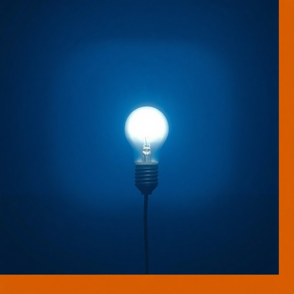 A stylized image depicting a single, glowing lightbulb in a dark space with light rays emanating from it. The color palette is primarily dark blue with the lightbulb shining bright white. The camera angle is slightly low, looking up at the bulb. The texture of the lightbulb should be slightly rough, creating a sense of realism. The environment is minimalistic and abstract. The style references are reminiscent of surrealist painting, while maintaining a high level of realism. Technical specs: 4K resolution, high quality