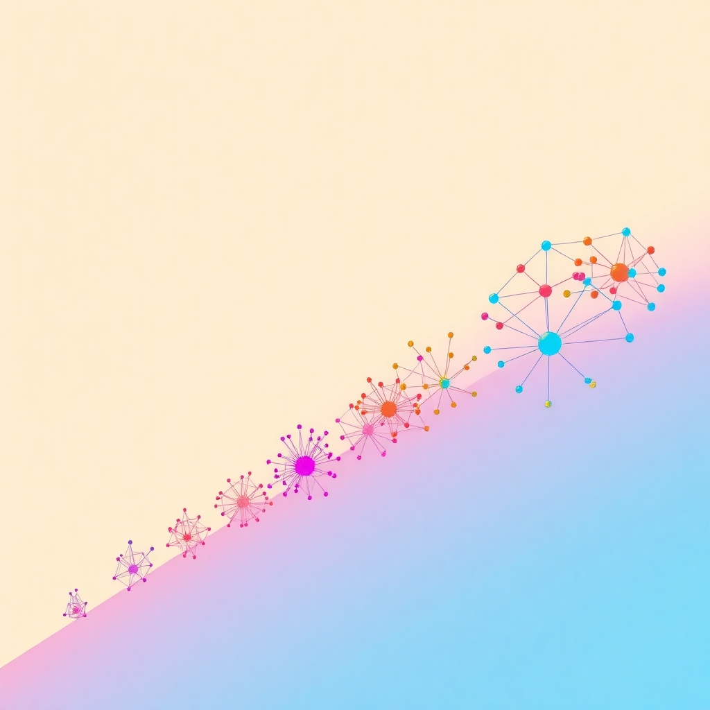 A stylized image depicting the evolution of LLMs as a series of interconnected, progressively complex nodes, increasing in size and sophistication. The early nodes should be small and simple, gradually transforming into large, complex networks with various interconnections.  Use a color gradient to transition from muted tones at the beginning to vibrant, bright colors for the modern models, representing advancements.