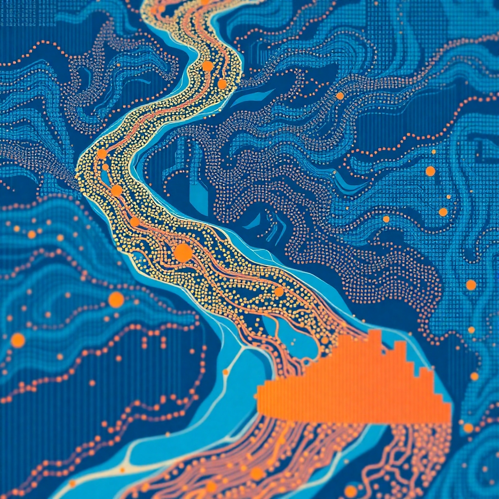 A stylized image of a complex data set being analyzed by a generative AI model. The data is represented as a flowing river of information, with the AI model highlighting key patterns and insights. The color palette should be a combination of cool blues and warm oranges, representing the balance between data and intelligence.