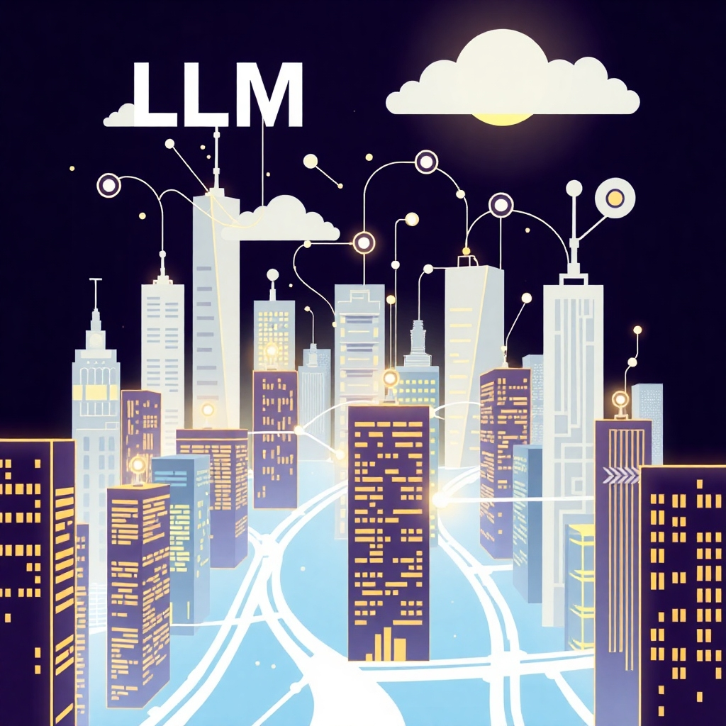 A stylized image of a futuristic cityscape, where buildings and structures are made of interconnected nodes representing LLMs, with data streams flowing between them, symbolizing interconnected networks of LLMs and their extensive applications in various domains. The overall style should be hopeful and futuristic, showcasing the potential of future LLM development.