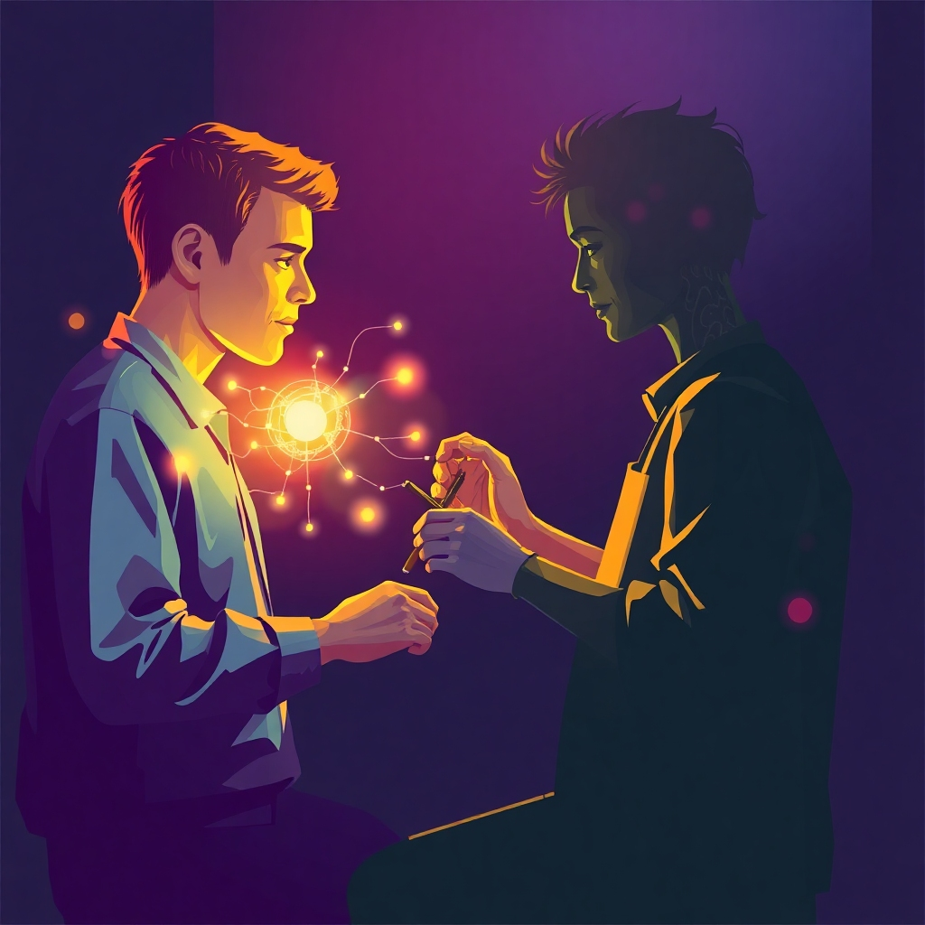 A stylized image of a human artist collaborating with a generative AI model. The AI model is represented as a luminous entity that interacts with the artist's tools, providing suggestions and ideas. The colors should be vibrant and expressive, capturing the synergy between human and artificial creativity.