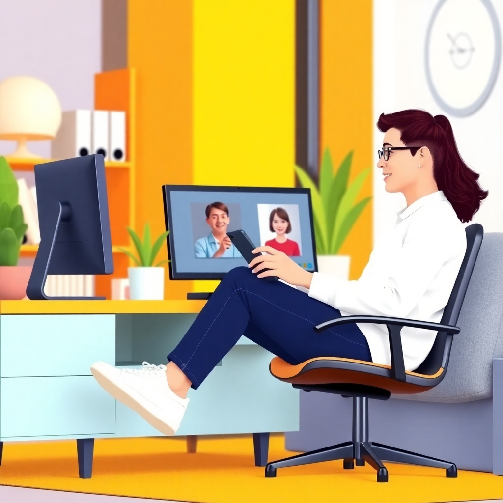 A stylized image of a person sitting comfortably at a computer or mobile device, participating in an online coaching program. The color palette is bright, modern, and inviting, focusing on the ease of access and comfort. The overall aesthetic is clean and user-friendly. Technical specs: 4K resolution, high quality