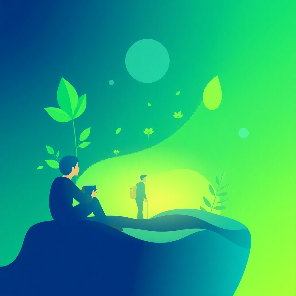  A stylized image representing personal fulfillment through a software lifestyle. The visual concept could use abstract design elements representing growth and progress. Use a vibrant color palette of greens and blues. Technical specifications: 4K, stylized rendering