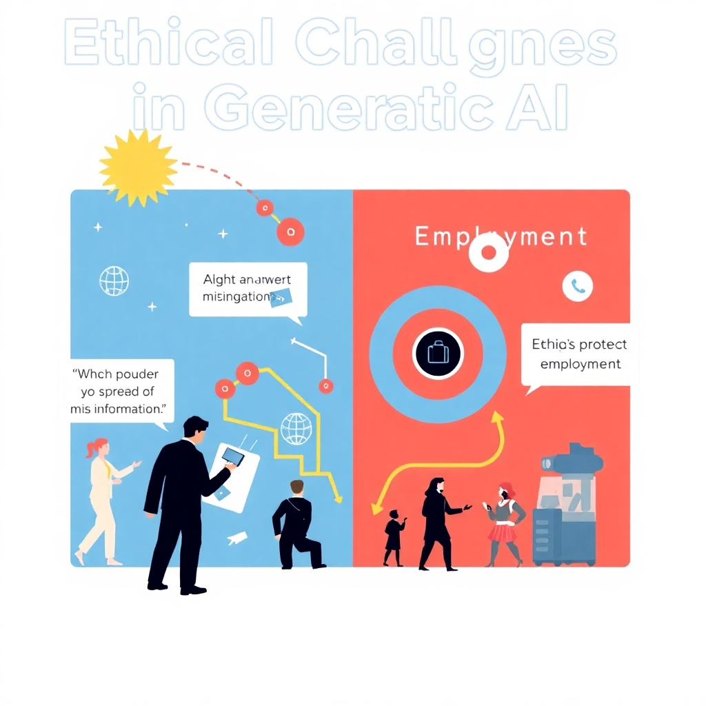 A stylized image representing ethical challenges in generative AI.  The image should symbolically depict concepts like algorithmic bias, the spread of misinformation, and the impact on employment using contrasting visuals to highlight both positive and negative potential implications of generative AI.