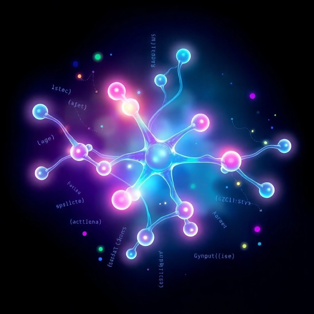 A stylized image resembling a molecular structure, but with vibrant, flowing lines and glowing nodes. The structure is dynamic, pulsing with light, and is surrounded by data streams and code fragments, symbolizing generative AI's role in scientific discovery. The color palette should be a blend of deep blues, greens, and purples.