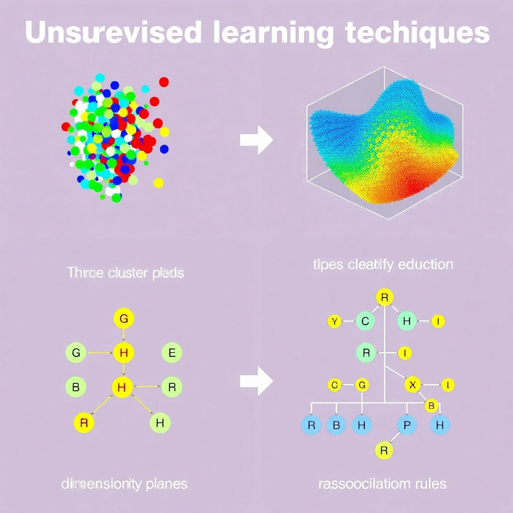 A stylized image showcasing various unsupervised learning techniques. One section could display a colorful scatter plot with distinct clusters, representing clustering. Another could depict a three-dimensional data cloud being compressed into a two-dimensional plane, illustrating dimensionality reduction. Finally, a visual representation of a decision tree or association rules could showcase the relationships found between variables. The overall style should be vibrant and informative, using clear icons and labels for each technique.
