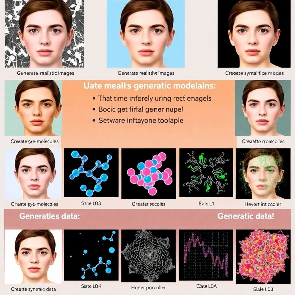 A stylized image showing various applications of generative models: generating realistic images of faces, creating new molecules, and generating synthetic data. Show a variety of examples in different styles to showcase versatility.  The style should be visually appealing, emphasizing the variety of applications.