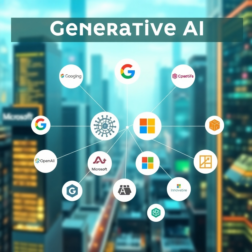  A stylized infographic showcasing logos of major Generative AI providers like Google, OpenAI, Microsoft, and others, arranged in a visually appealing network graph, highlighting connections and collaborations. The background should be a futuristic cityscape with AI-related imagery subtly incorporated. The color scheme should be vibrant and professional, using a blend of blues, greens, and oranges to represent innovation and technology. The overall style should be clean, modern, and easy to understand.