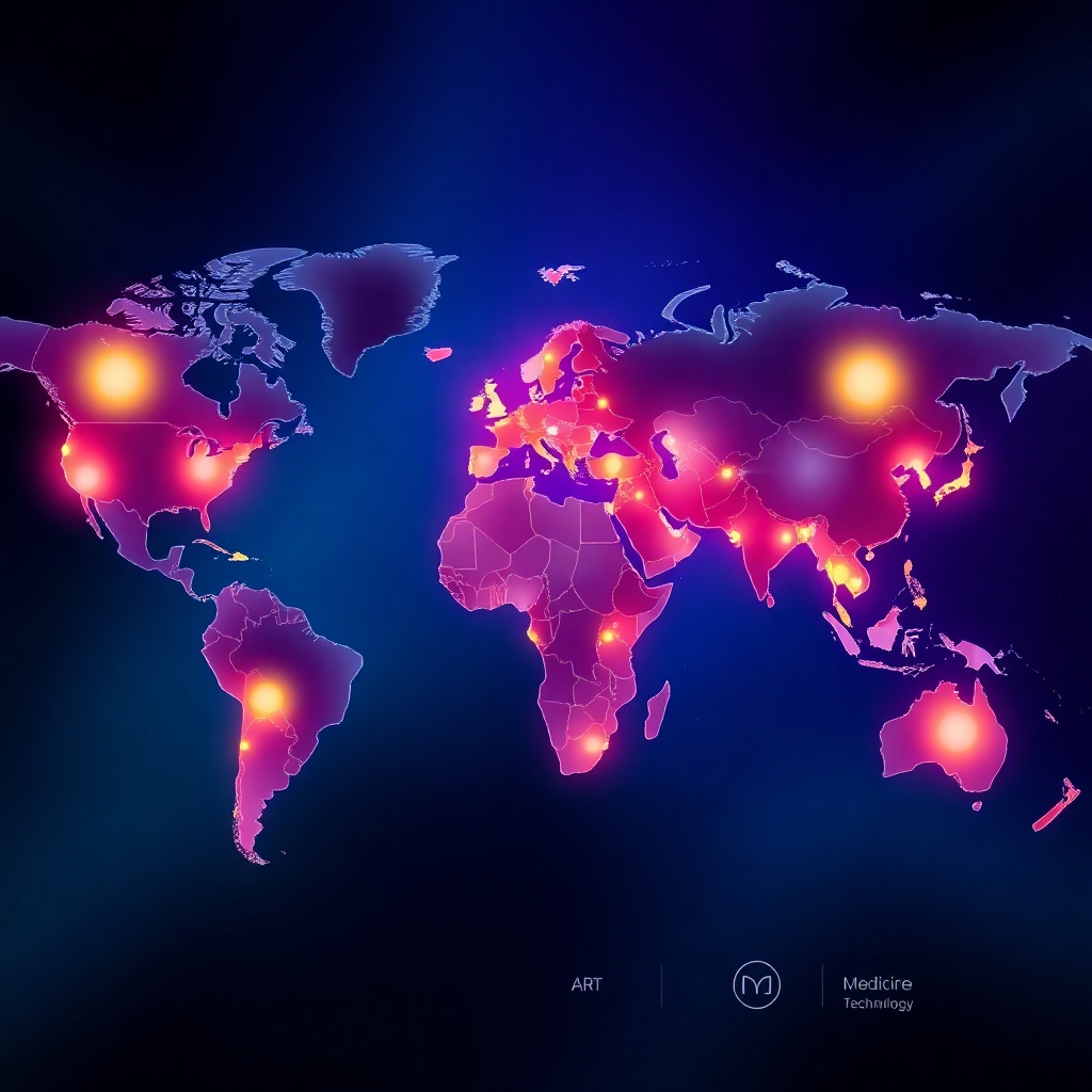 A stylized world map with glowing nodes representing major hubs of generative AI development and deployment. Each node's size and brightness correlate to the concentration of AI activity.  Use vibrant, futuristic colors with a sleek, technological aesthetic. Include subtle visual cues to denote specific AI applications within each region, such as miniature icons of art, medicine, and technology.