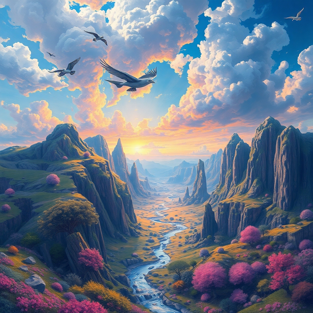 A surreal, dreamlike landscape painting created using generative AI, showcasing intricate details and vibrant colors. The style should evoke a sense of wonder and highlight the artistic potential of generative AI. It can include elements that blur the line between reality and fantasy.