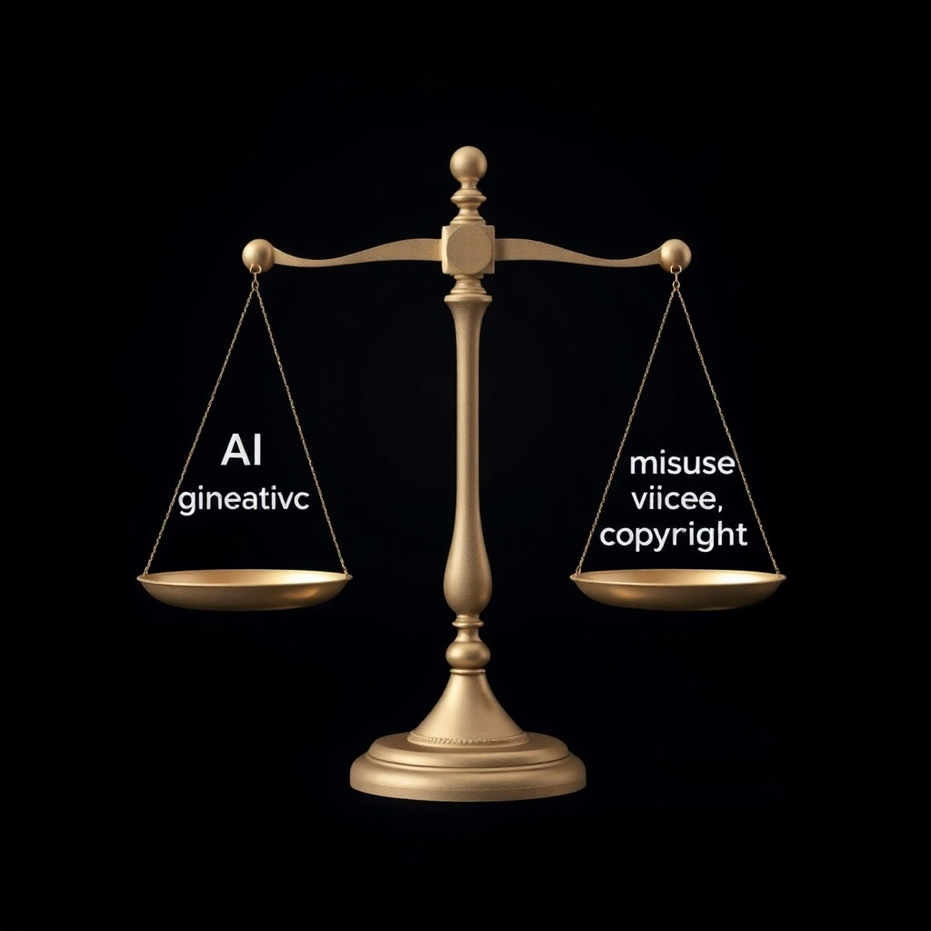 A symbolic image depicting a balance scale, with one side representing the benefits of generative AI (innovation, creativity) and the other side representing ethical concerns (bias, misuse, copyright). The image should provoke reflection and thoughtful consideration of these conflicting aspects.