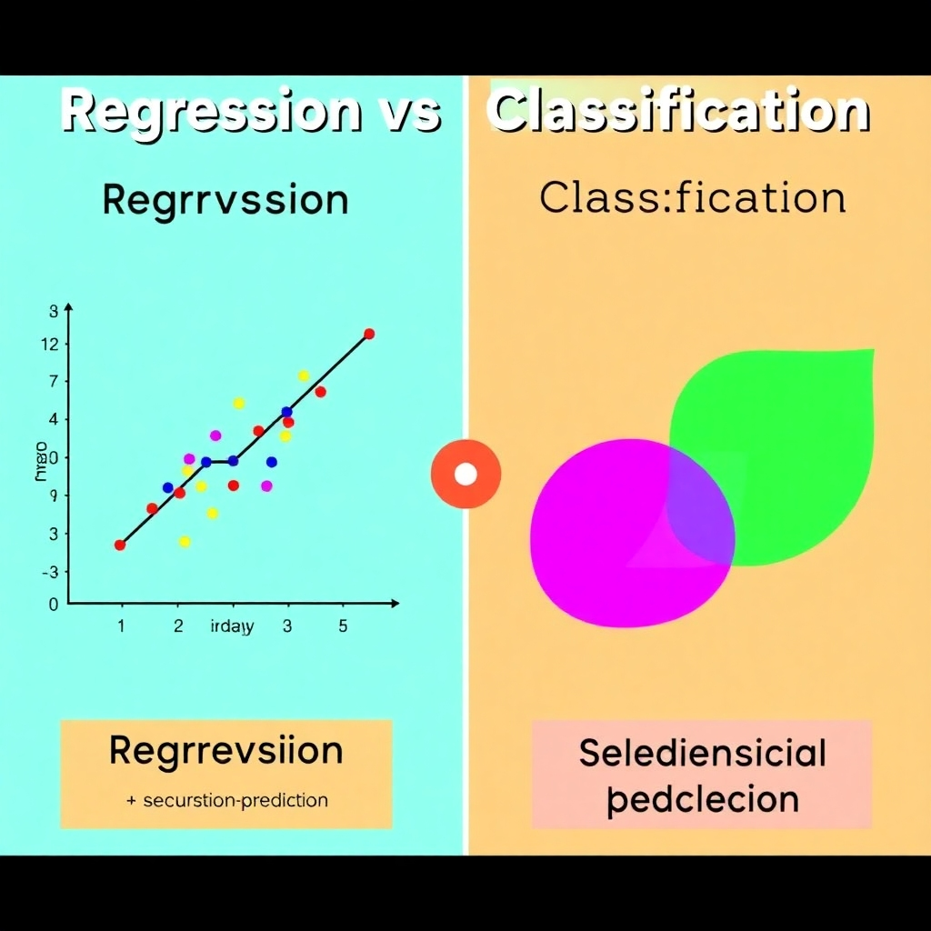 A vibrant, stylized infographic contrasting regression and classification. One side could feature a scatter plot with a regression line fitting the data points, representing continuous prediction. The other side could display a decision boundary separating different classes in a two-dimensional space, visualizing categorical prediction.  Use clear labels and distinct color schemes to differentiate between both methods.