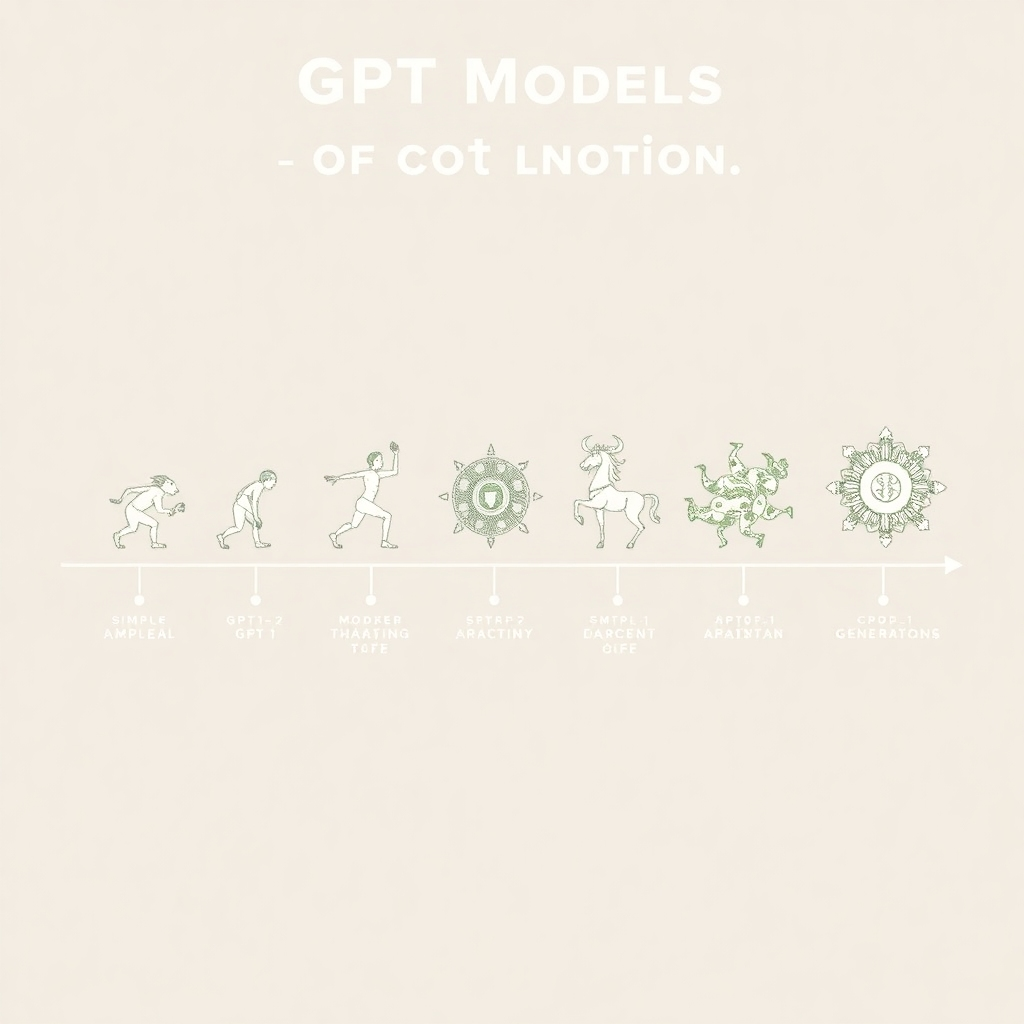 A vintage-style illustration depicting the evolution of GPT models, starting with a simple, almost primitive representation of GPT-1, gradually transitioning into more complex and sophisticated designs as it progresses through the generations, using a timeline format, showing clear visual development in its representations.