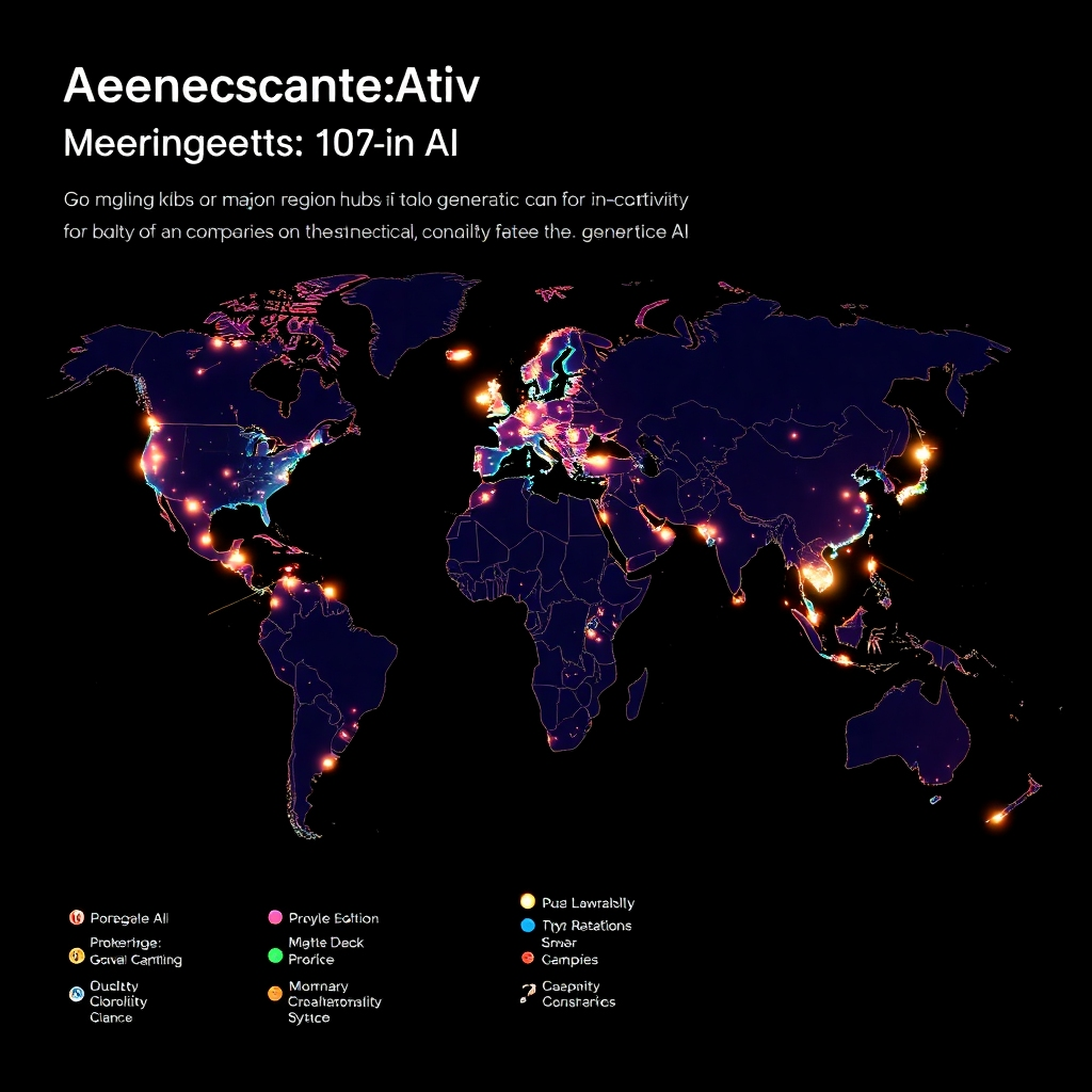 A world map highlighting major regions that are key hubs for generative AI activity, indicated by glowing nodes of varying sizes to represent the scale of AI activity in each location.  The map should use vibrant, futuristic colors and showcase specific locations and companies known for their significant contributions to generative AI.