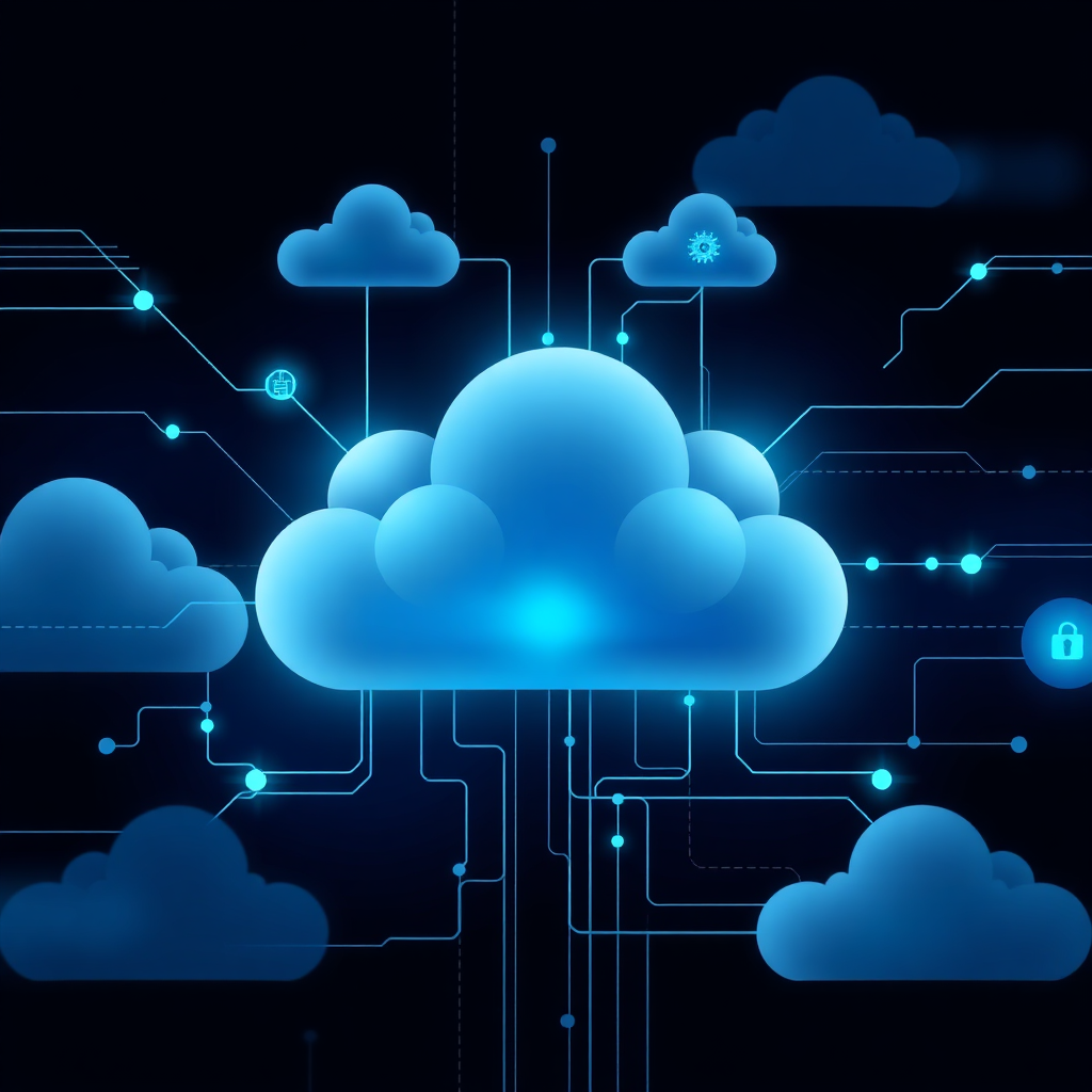 Abstract illustration of cloud computing network and connected services.