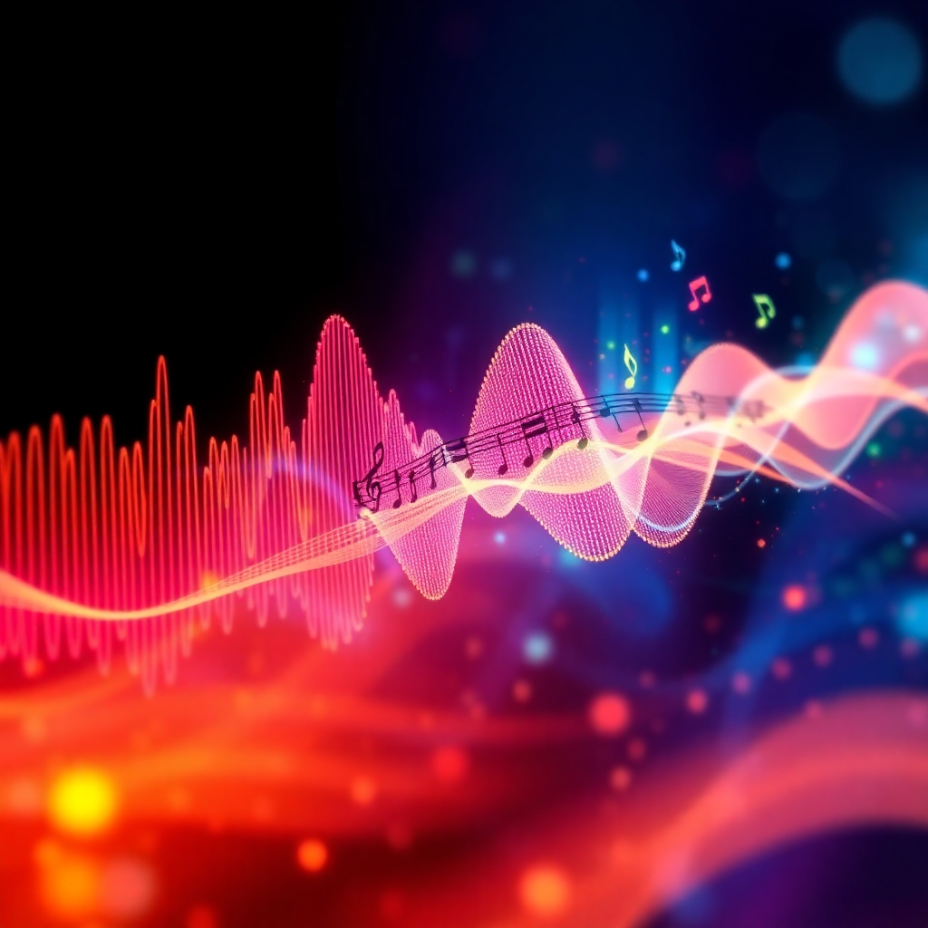 An abstract image visualizing sound waves transforming into musical notation and then into a vibrant musical composition. Use a mixture of photorealistic and abstract elements.  Bright and energetic colors should enhance the dynamic and creative process of music generation. The style should evoke a sense of excitement and wonder at the possibilities of AI in music.