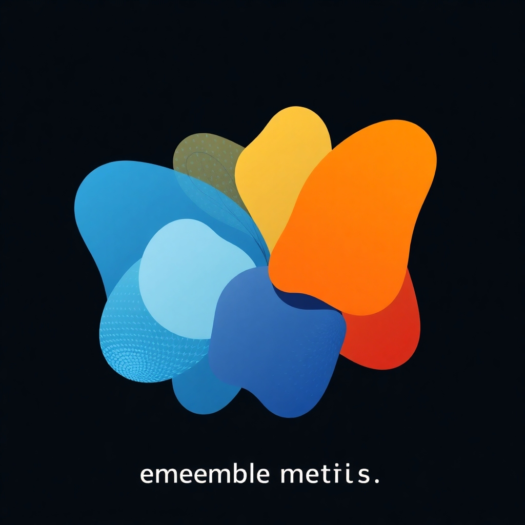 An abstract, stylized image illustrating an ensemble method. Multiple individual models (represented by different shapes or colors) are combined into a larger, more powerful model.  The visualization should convey the idea of aggregation and synergy, showcasing how the combined model outperforms individual models. Use a visually appealing color palette and dynamic composition.