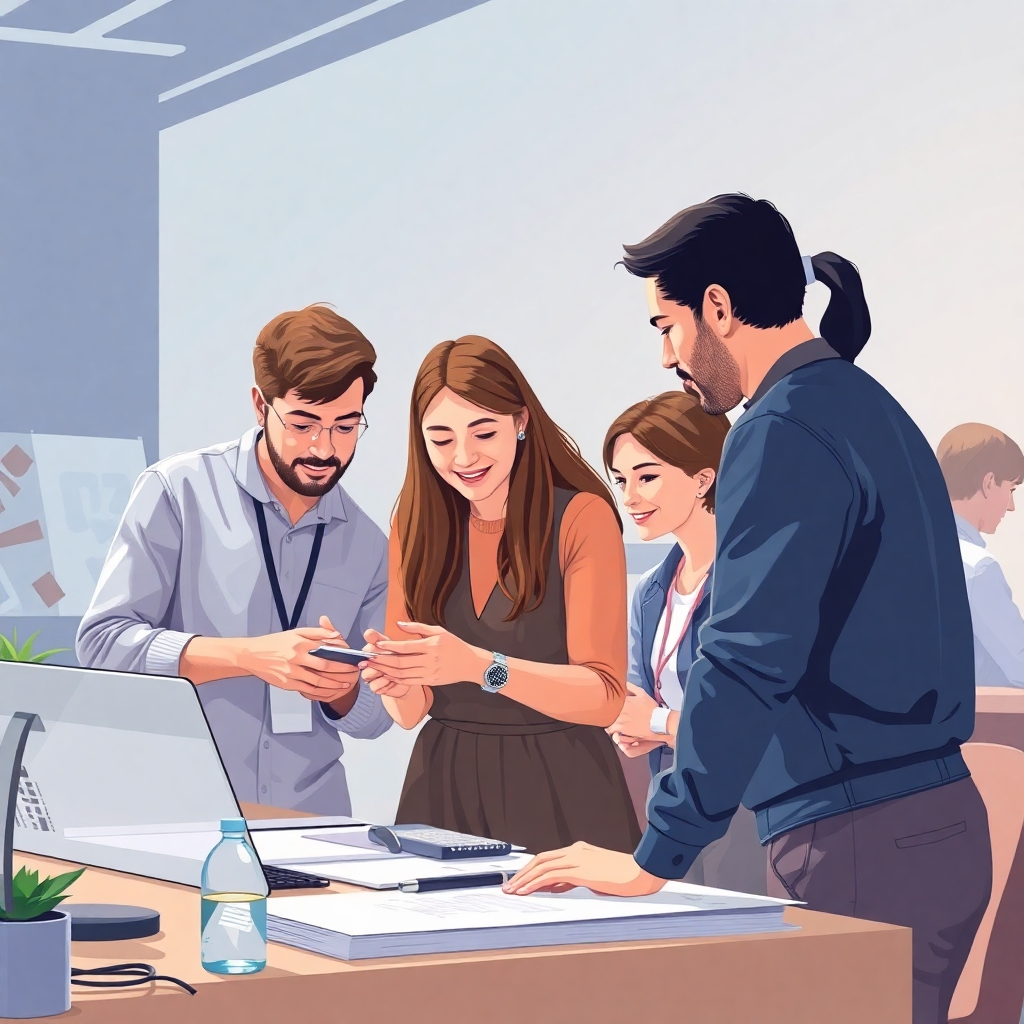 An illustration or photorealistic image showing a group of people collaborating on a project. The image should emphasize collaboration, networking, and mentorship. Technical specifications: 4K resolution. The image style should be realistic but approachable.