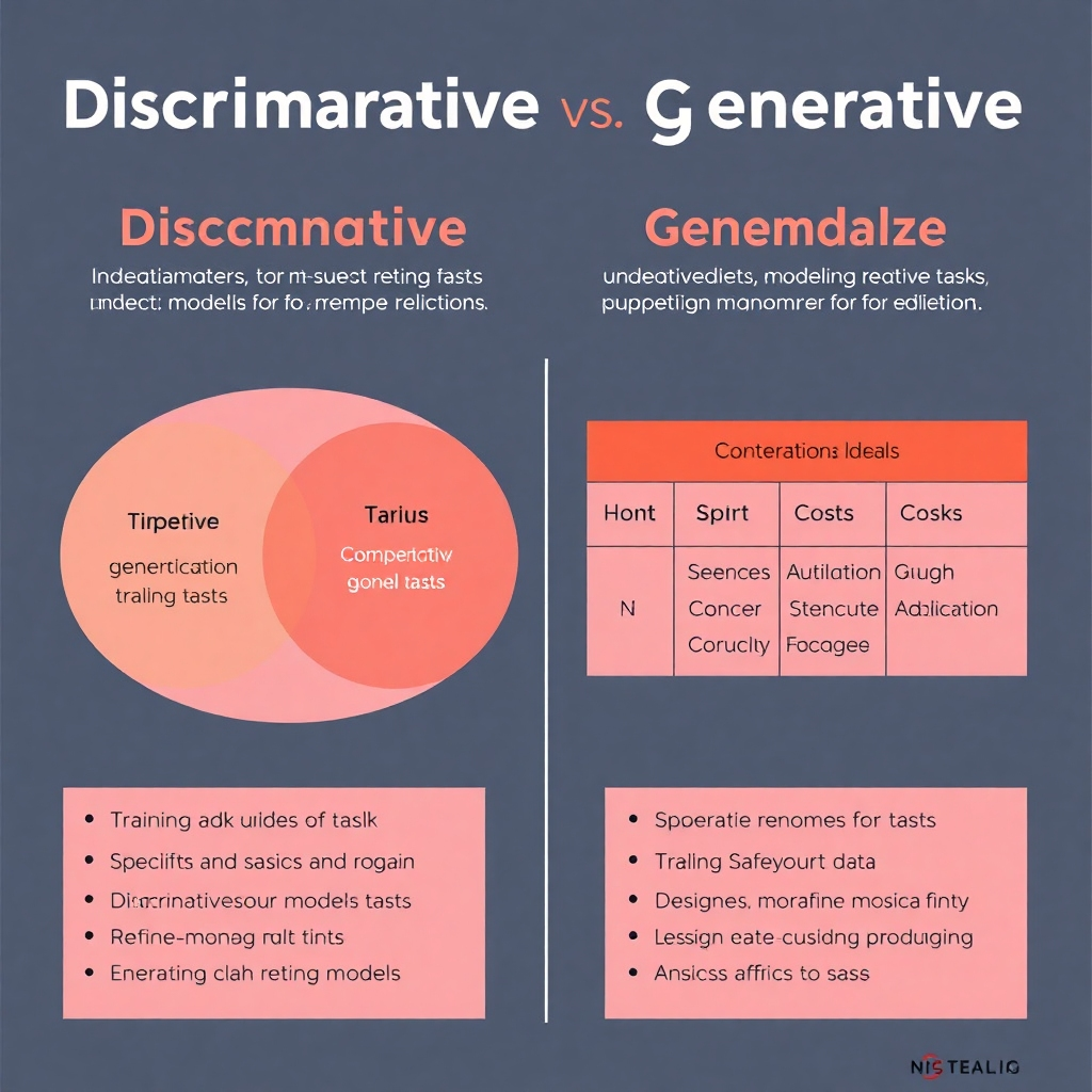 An infographic comparing discriminative and generative models using a Venn diagram or a table. Clearly label the key differences, such as the types of tasks they're suited for, the training data requirements, and computational costs. The style should be clean and easy to understand, making it ideal for quick reference.