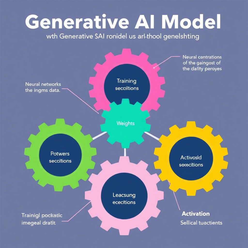 An infographic explaining the key components of a generative AI model using a simplified visual metaphor. For instance, a network of interconnected gears could represent neural networks, with each gear labeled with key terms like 'training data,' 'weights,' and 'activation functions.' The style should be informative and easy to understand.