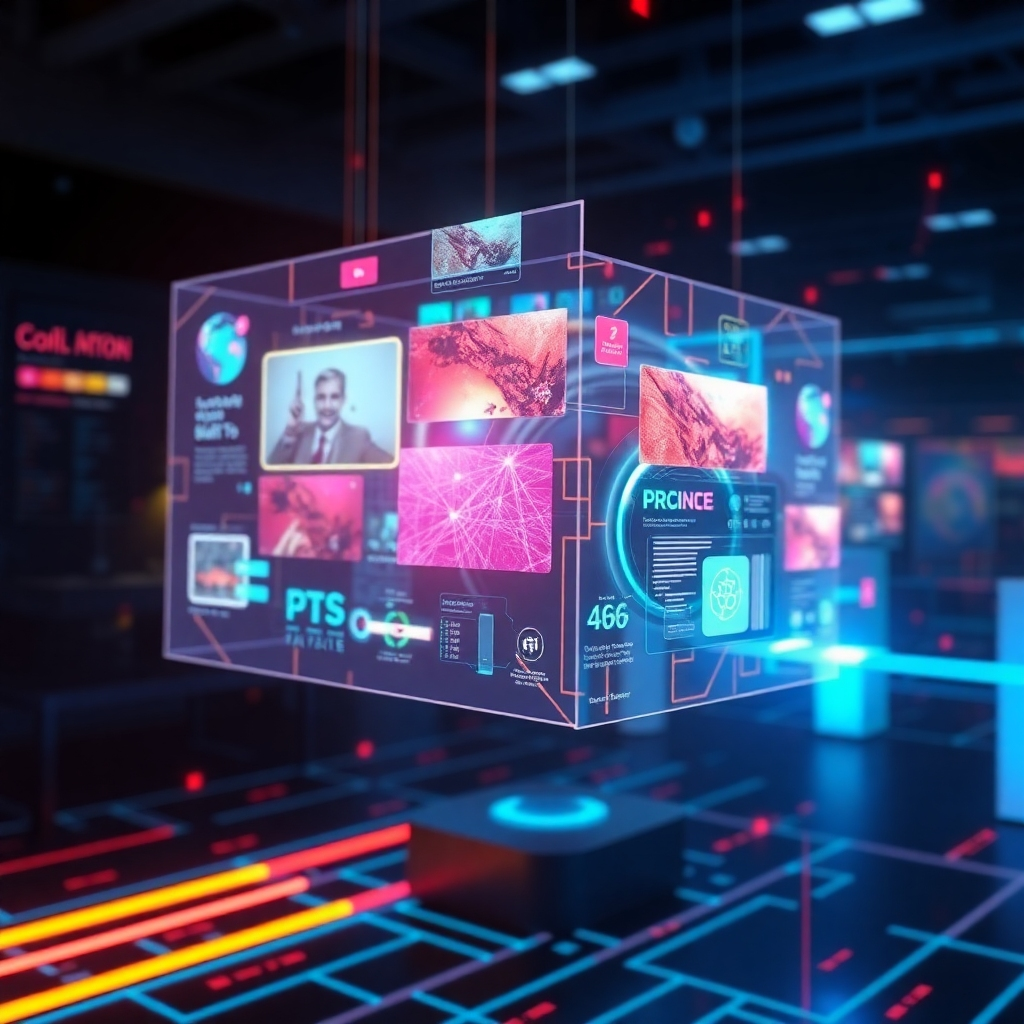 Create a concept image showing futuristic predictions for content creation utilizing Generative AI, perhaps displaying dynamic holographic projections of future content. The style should be futuristic and conceptual. The colors should be a mix of bright, contrasting tones.