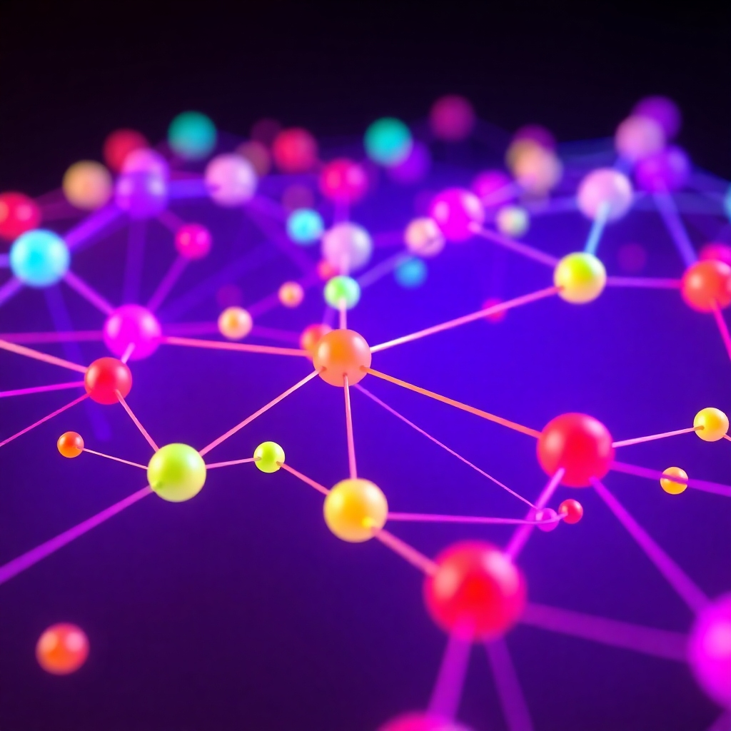 Create a high-quality 3D rendering of various generative AI tools represented as colorful, interconnected nodes. The colors should be bright and vibrant. The scene should feel modern and clean. The nodes should be interconnected by glowing lines suggesting the flow of information.