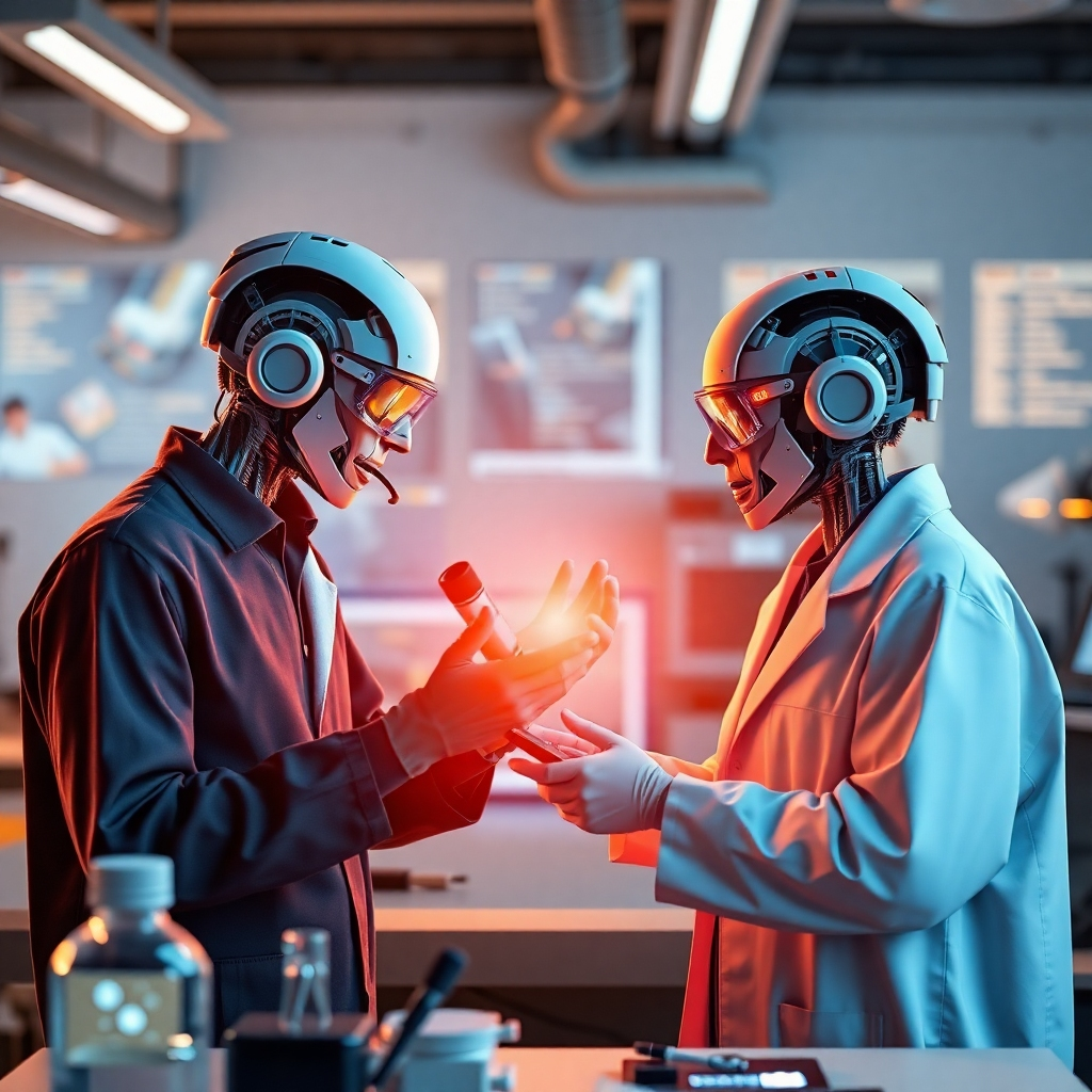 Create a photorealistic image of humans and AI working together, emphasizing collaboration and partnership, potentially in a scientific research setting or a creative project. The image must be warm, optimistic and show the benefits of human-AI collaboration.