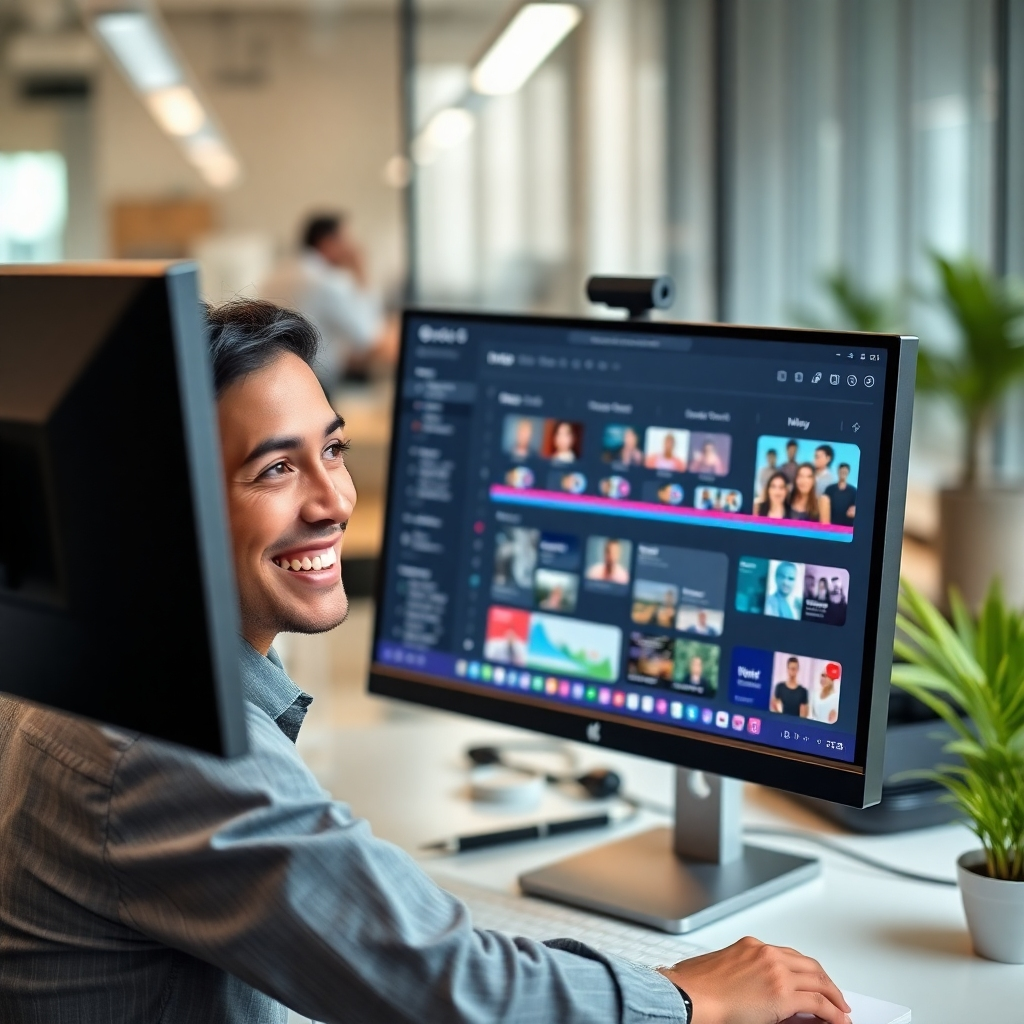 Create a photorealistic image of a content creator smiling confidently at their computer screen displaying a well-organized project timeline with AI-generated content efficiently integrated.  The lighting should be soft and natural. The color scheme should be bright and inspiring. The background should feature a modern office environment.
